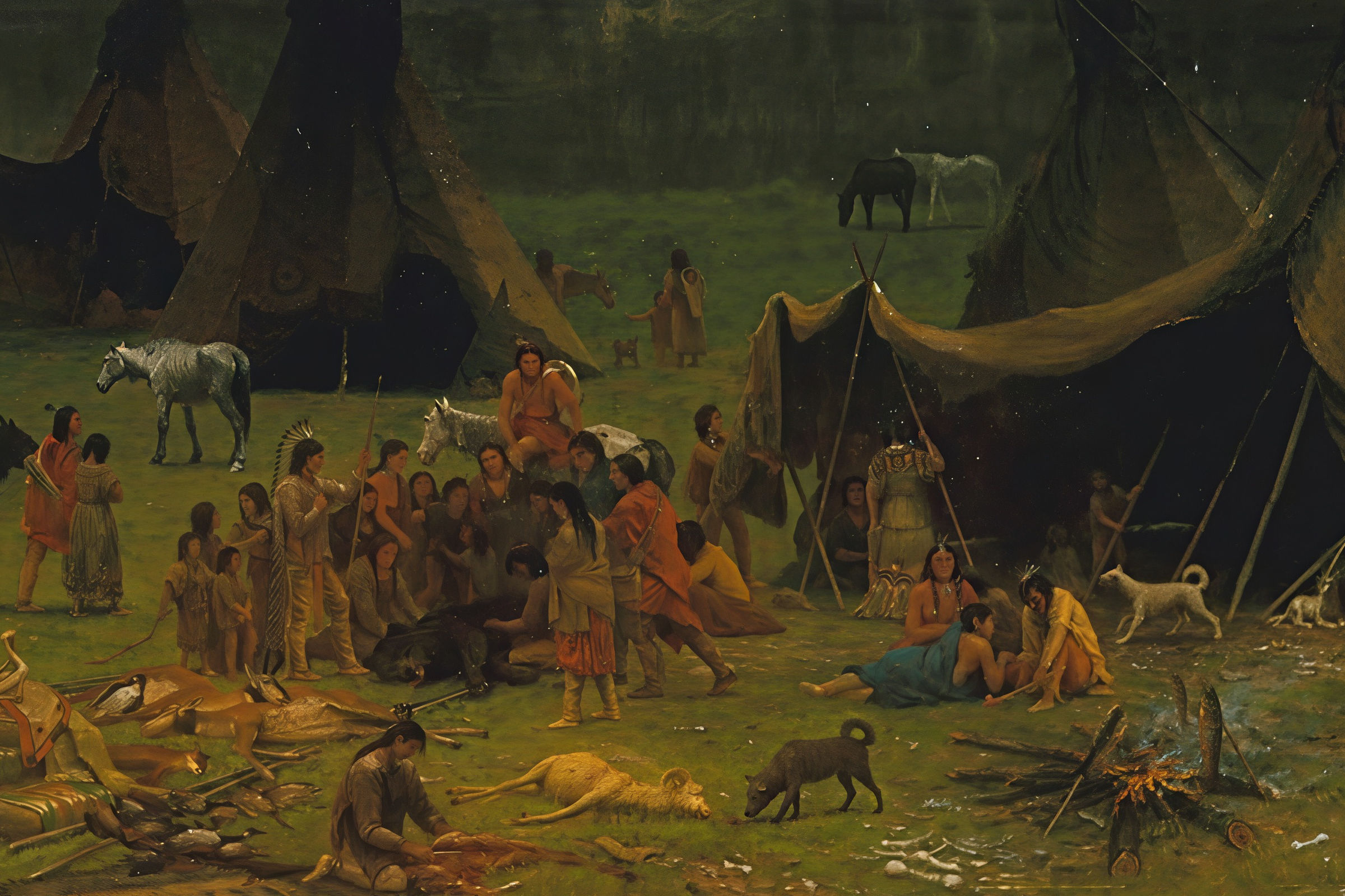Detail of the Shoshone encampment, families gathered beside their lodges.